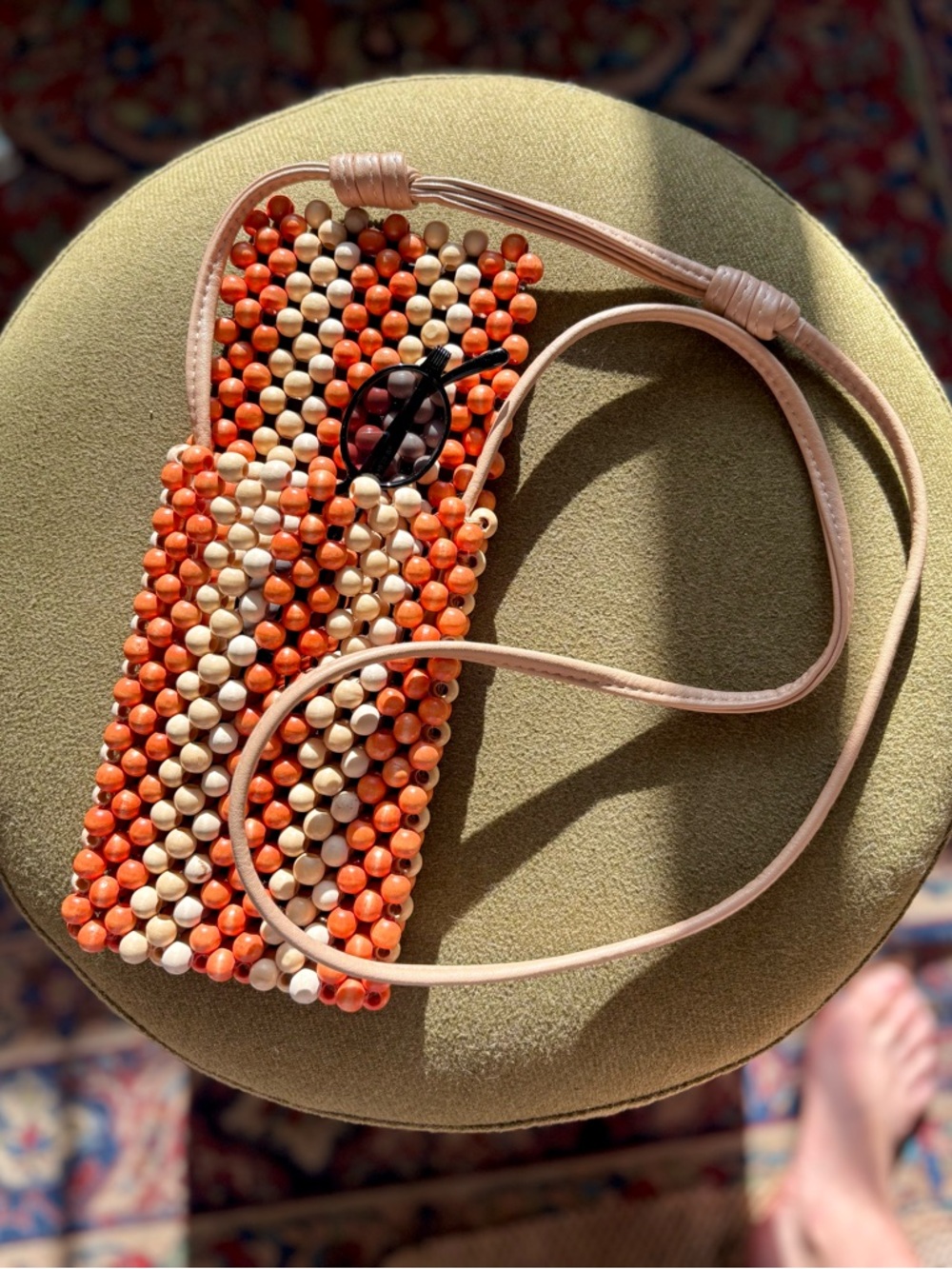 retro beaded cross body bag - orange and natural wood vintage like new
